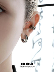 1ST XULIE Jewelry "MONOLOGUES" Vintage Textured Huggie Hoop Earrings in Platinum Plated - Texture Detail