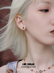 1ST XULIE "Desert Sunset" Vintage Tiger Eye Stud Earrings in 925 Sterling Silver - Detail Shot