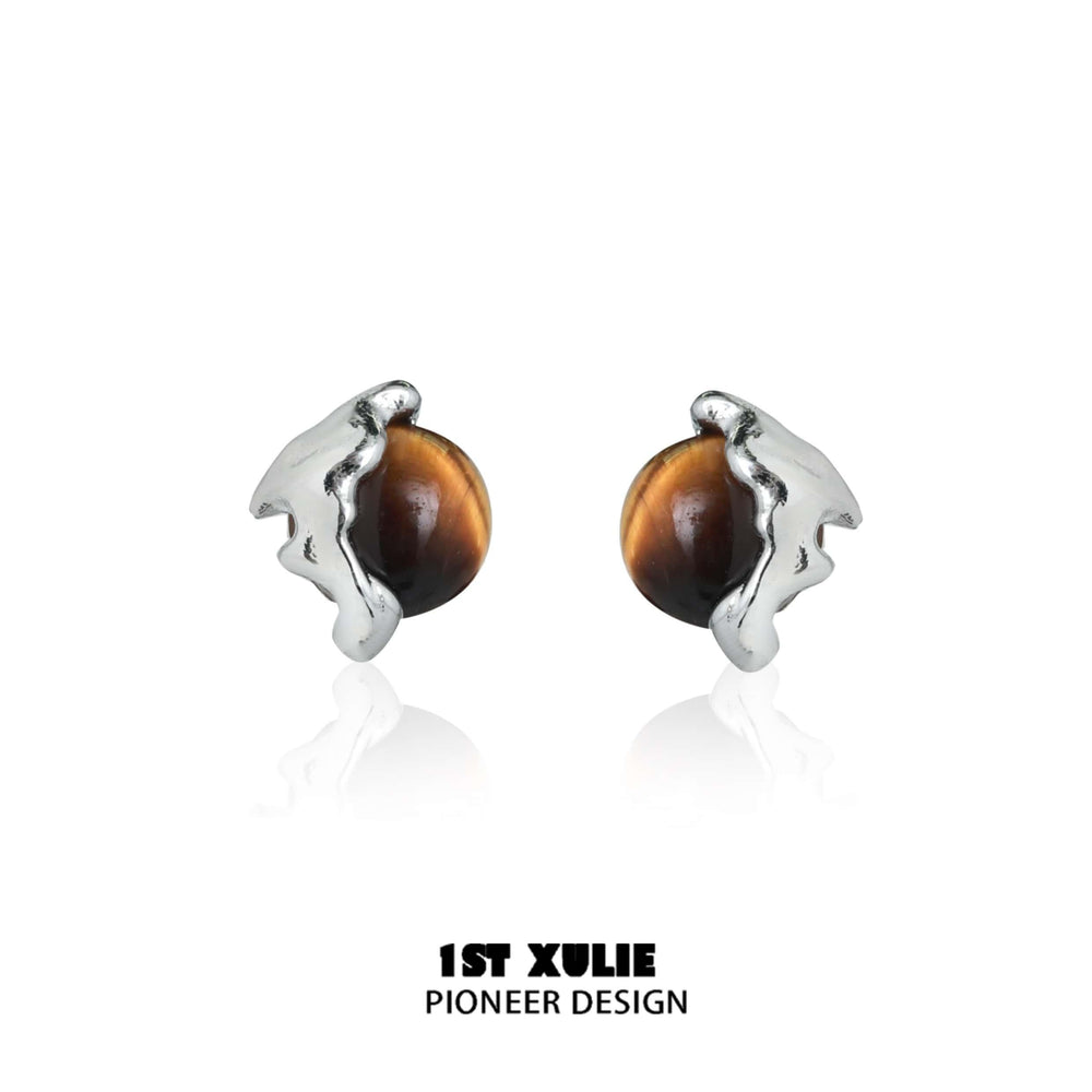 1ST XULIE "Desert Sunset" Vintage Tiger Eye Stud Earrings in 925 Sterling Silver - Product View