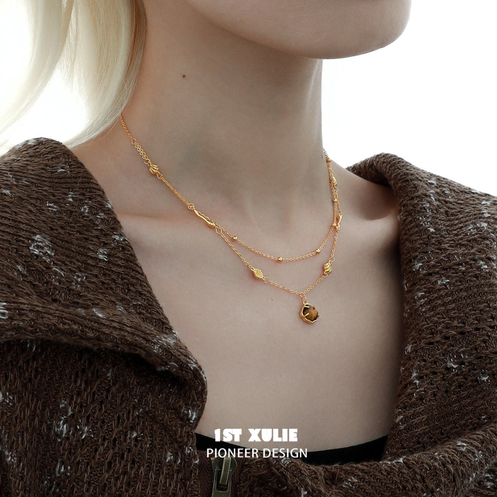 1ST XULIE "Desert Sunset" Vintage Tiger's Eye Beaded Choker Necklace in 925 Sterling Silver - Full View