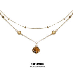 1ST XULIE "Desert Sunset" Vintage Tiger's Eye Beaded Choker Necklace in 925 Sterling Silver - On Model