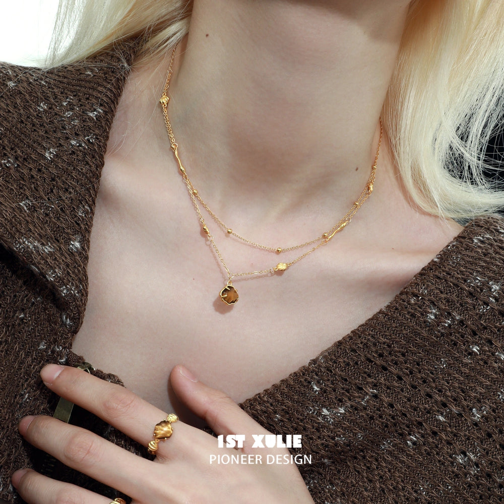 1ST XULIE "Desert Sunset" Vintage Tiger's Eye Beaded Choker Necklace in 925 Sterling Silver - On Model Close-Up