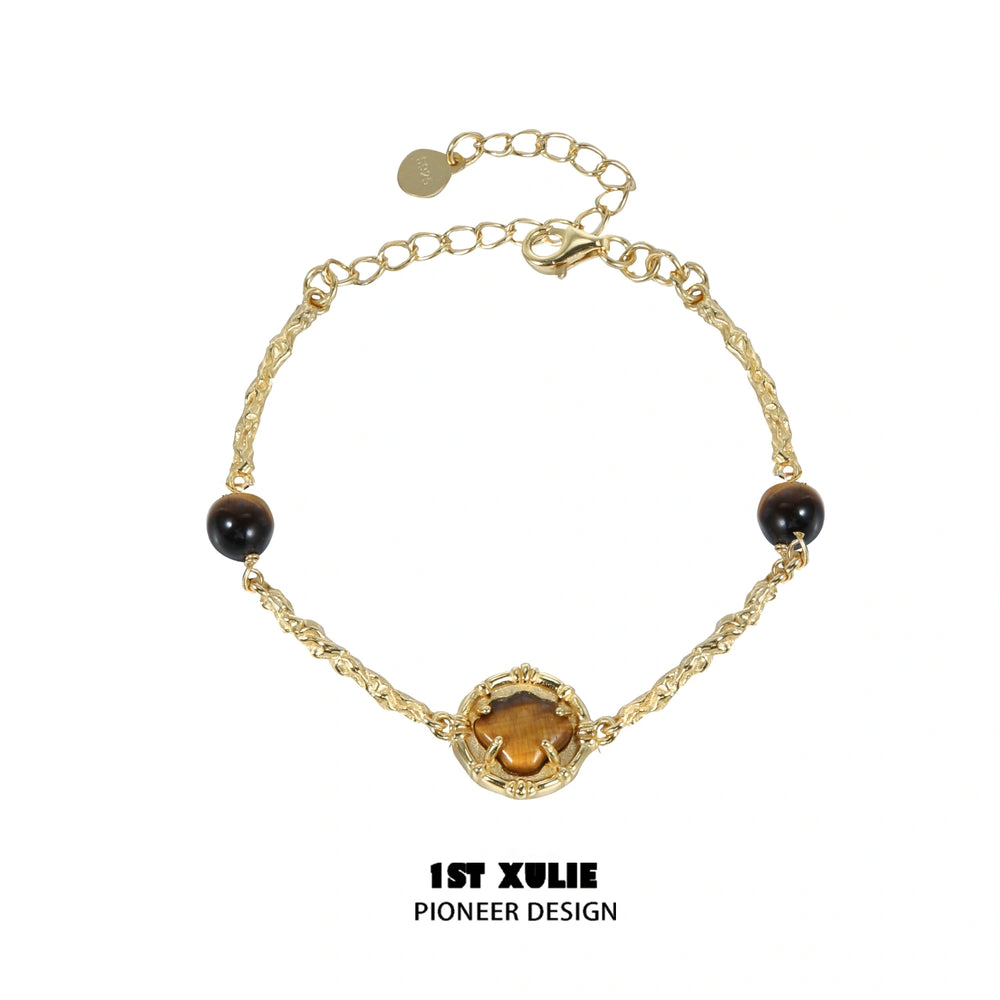 1ST XULIE "Desert Sunset" Vintage Tiger's Eye Gemstone Bracelet in 18K Gold Plated 925 Sterling Silver - Product View