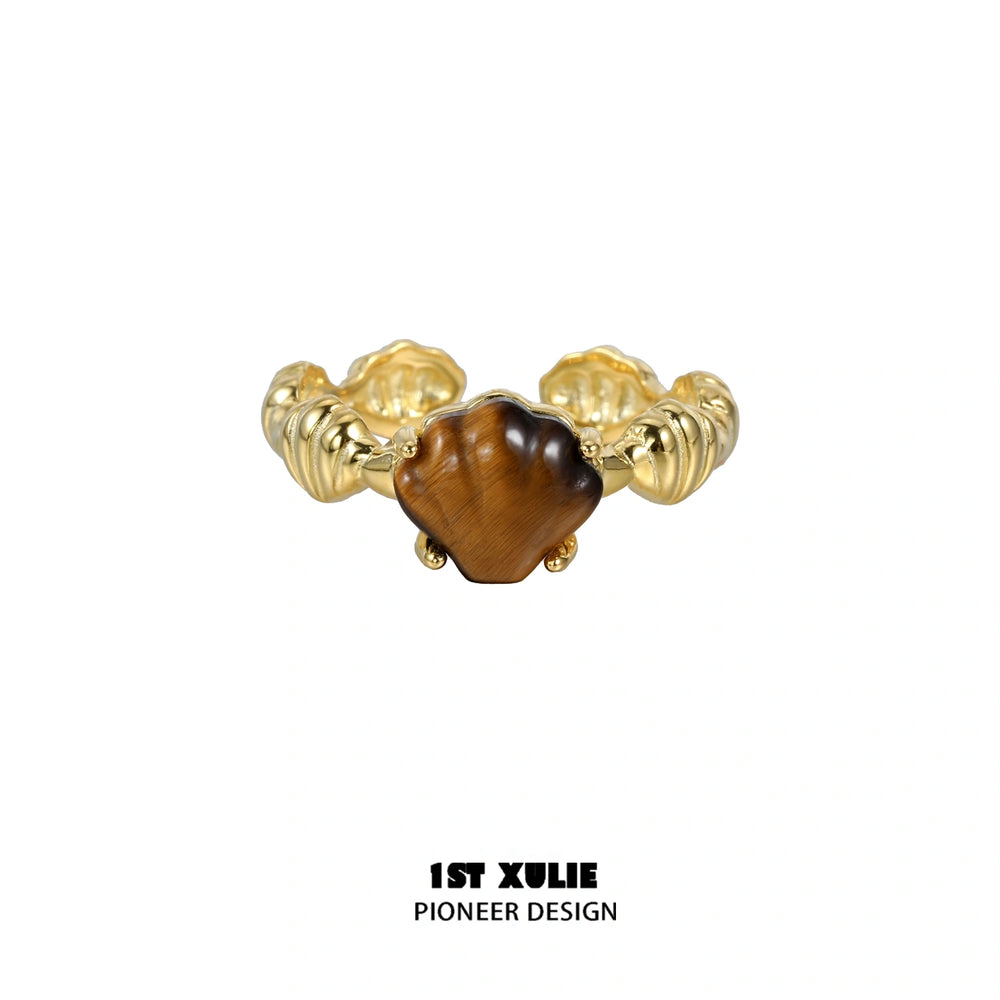 1ST XULIE "Desert Sunset" Vintage Tiger's Eye & Shell Open Ring in 18K Gold Plated 925 Sterling Silver - Side View