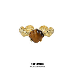 1ST XULIE "Desert Sunset" Vintage Tiger's Eye & Shell Open Ring in 18K Gold Plated 925 Sterling Silver - Side View