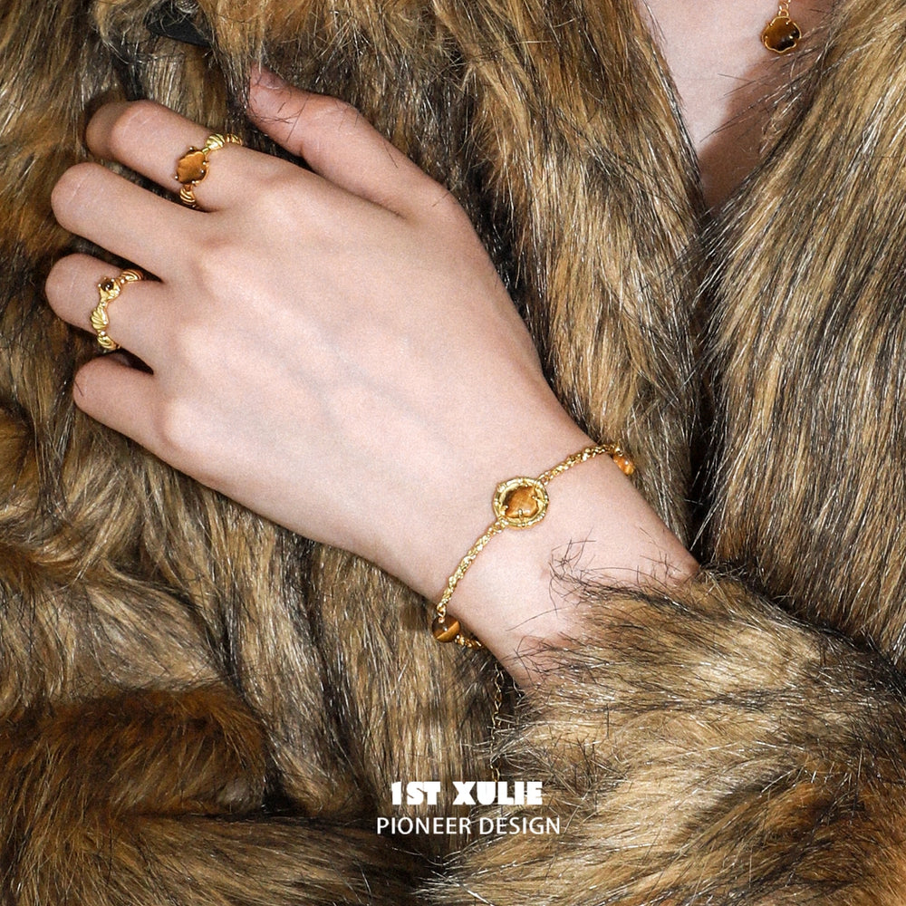 1ST XULIE "Desert Sunset" Vintage Tiger's Eye & Shell Open Ring in 18K Gold Plated 925 Sterling Silver - Detail Shot