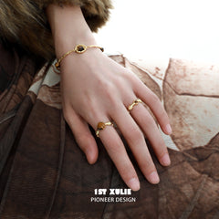 1ST XULIE "Desert Sunset" Vintage Tiger's Eye & Shell Open Ring in 18K Gold Plated 925 Sterling Silver - Lifestyle Shot