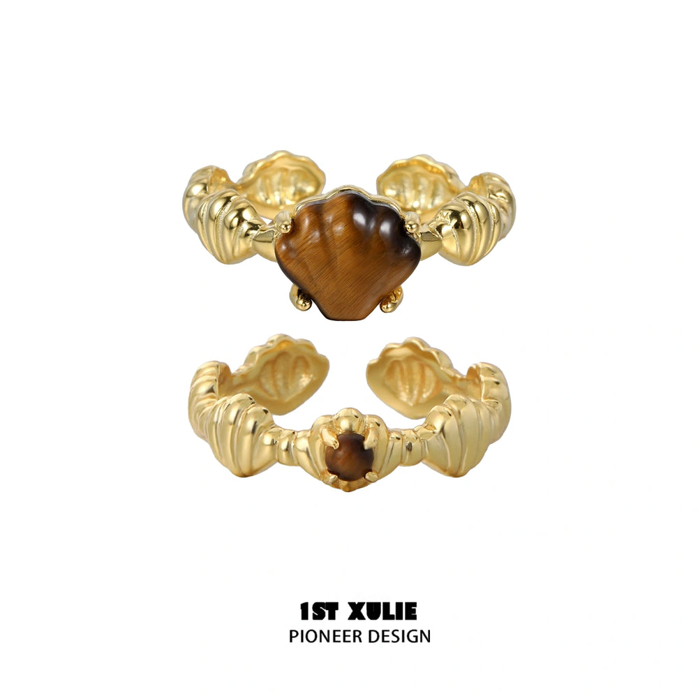 1ST XULIE "Desert Sunset" Vintage Tiger's Eye & Shell Open Ring in 18K Gold Plated 925 Sterling Silver - Product View