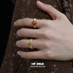 1ST XULIE "Desert Sunset" Vintage Tiger's Eye & Shell Open Ring in 18K Gold Plated 925 Sterling Silver - On Model