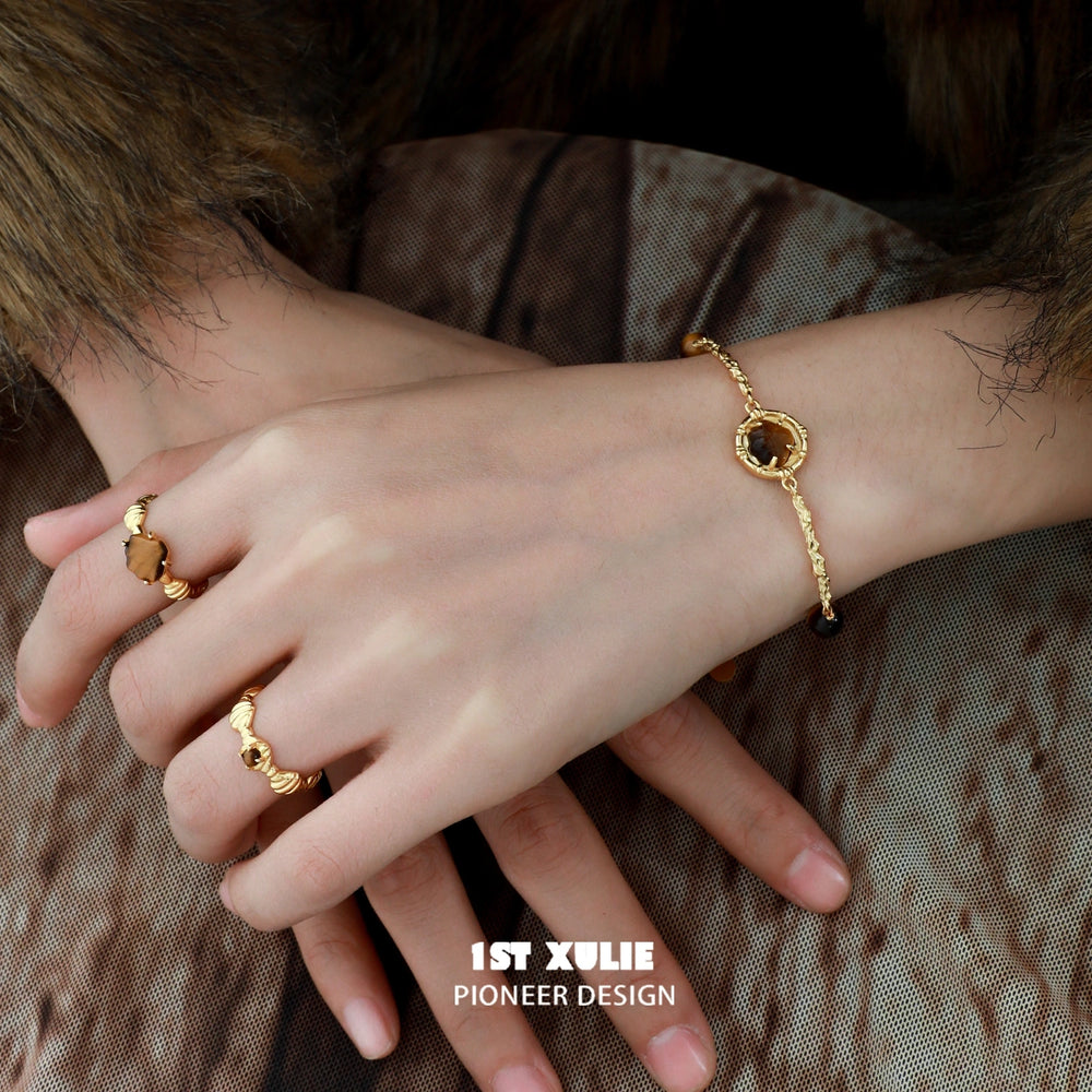 1ST XULIE "Desert Sunset" Vintage Tiger's Eye & Shell Open Ring in 18K Gold Plated 925 Sterling Silver - On Model Close-up