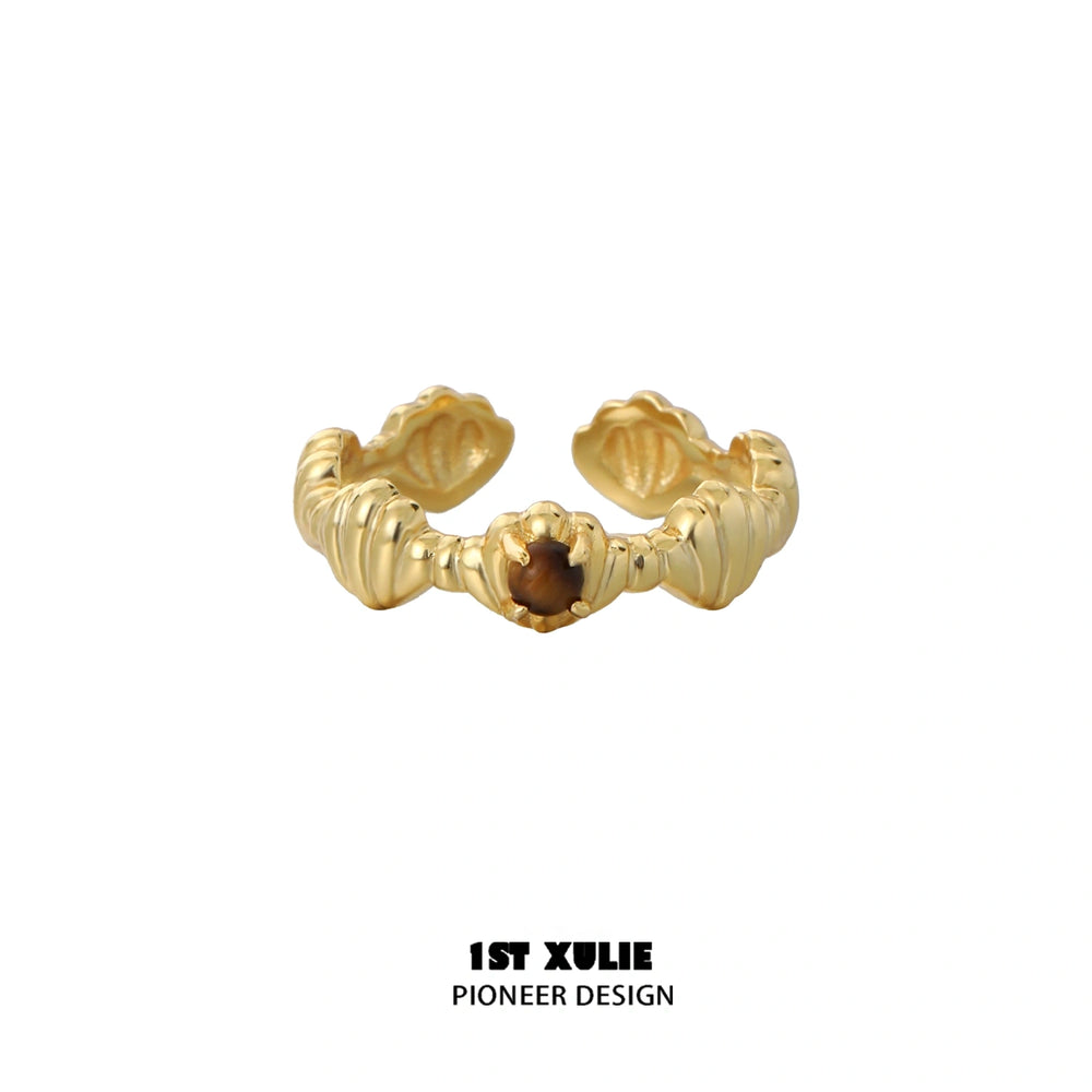 1ST XULIE "Desert Sunset" Vintage Tiger's Eye & Shell Open Ring in 18K Gold Plated 925 Sterling Silver - Angled Product View