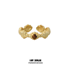 1ST XULIE "Desert Sunset" Vintage Tiger's Eye & Shell Open Ring in 18K Gold Plated 925 Sterling Silver - Angled Product View