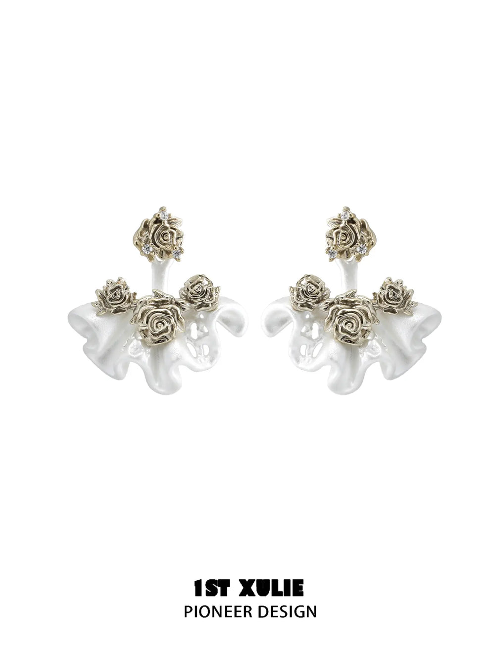 1ST XULIE Jewelry "Lace Rose" Vintage Two-Tone Statement Dangle Drop Fan Earrings in 14K Gold Plated - Lifestyle Shot