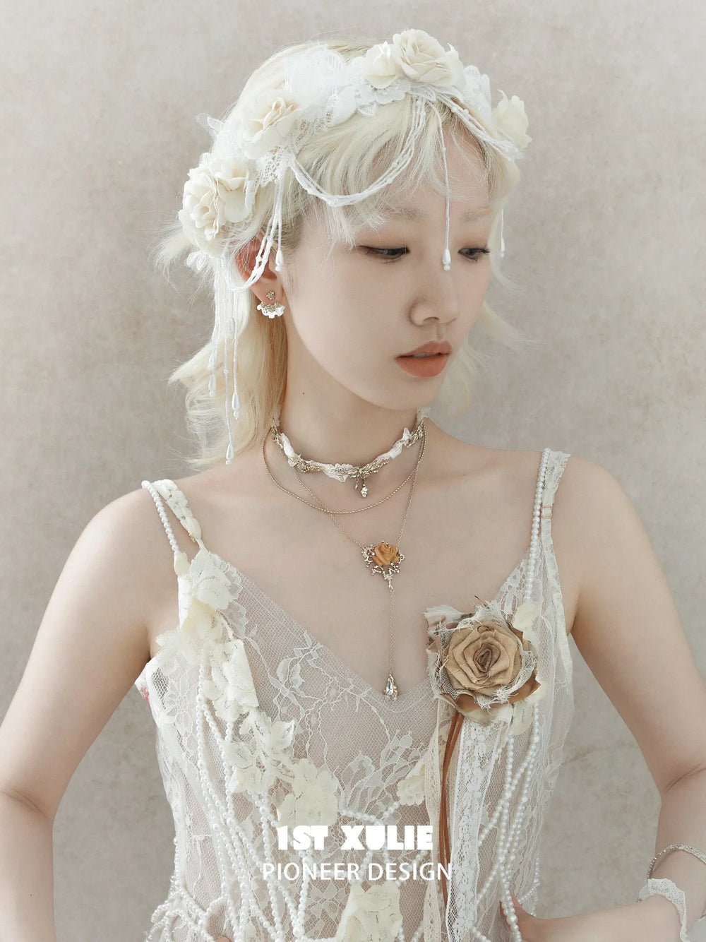 1ST XULIE Jewelry "Lace Rose" Vintage Two-Tone Statement Dangle Drop Fan Earrings in 14K Gold Plated - Product View