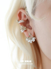 1ST XULIE Jewelry "Lace Rose" Vintage Two-Tone Statement Dangle Drop Fan Earrings in 14K Gold Plated - Texture