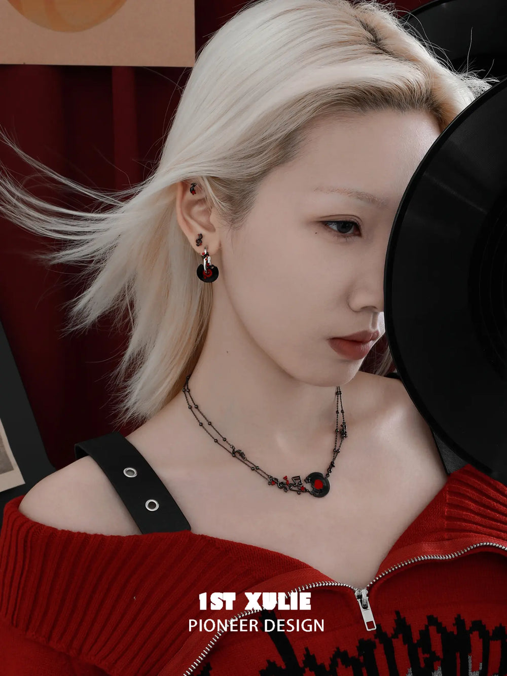 1ST XULIE "VINYL" Vinyl Record Charm Hoop Earrings in Platinum Plated - On Model