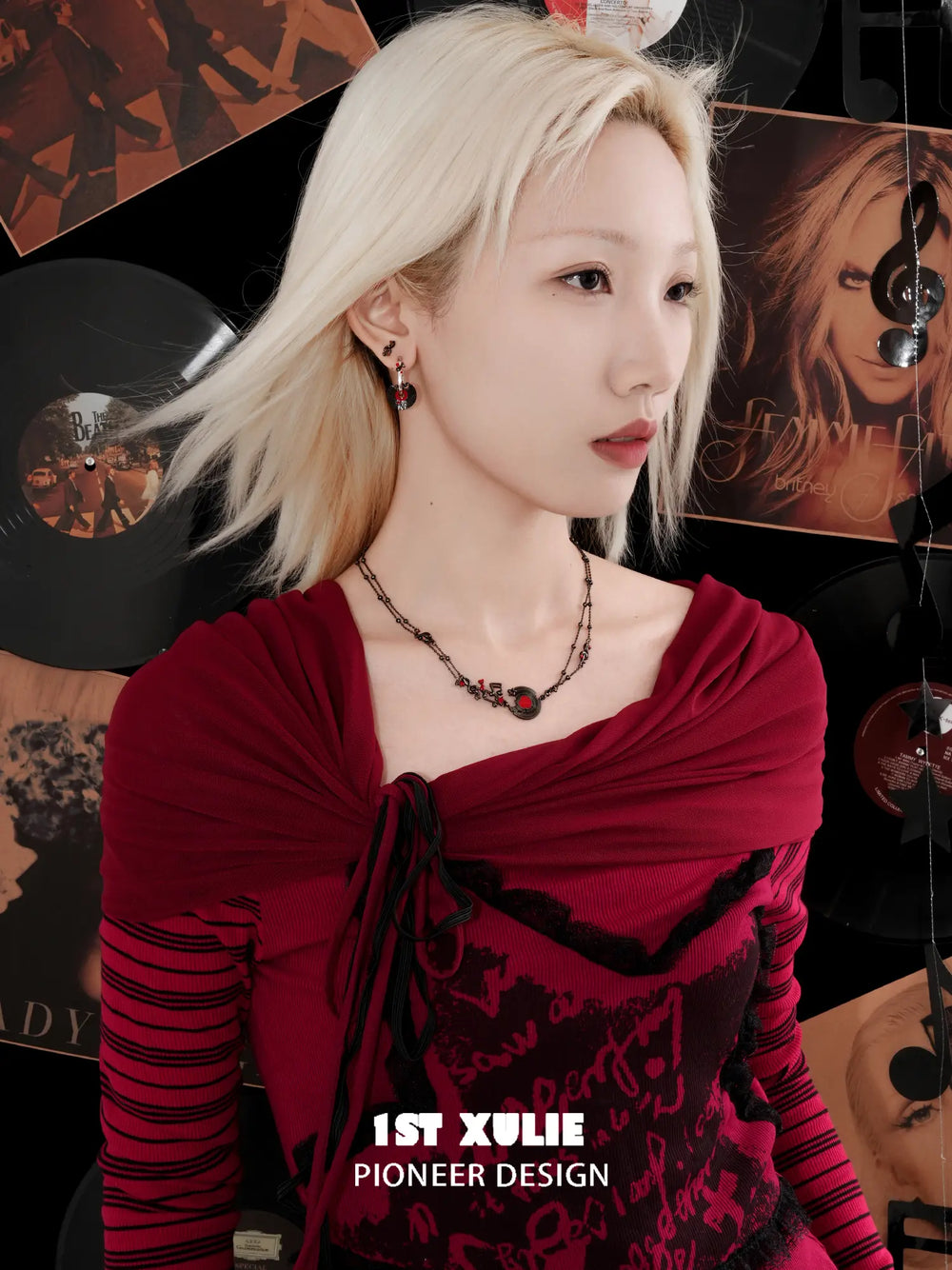 1ST XULIE Jewelry "VINYL" Vinyl Record Pendant Necklace in Platinum Plated - On Model