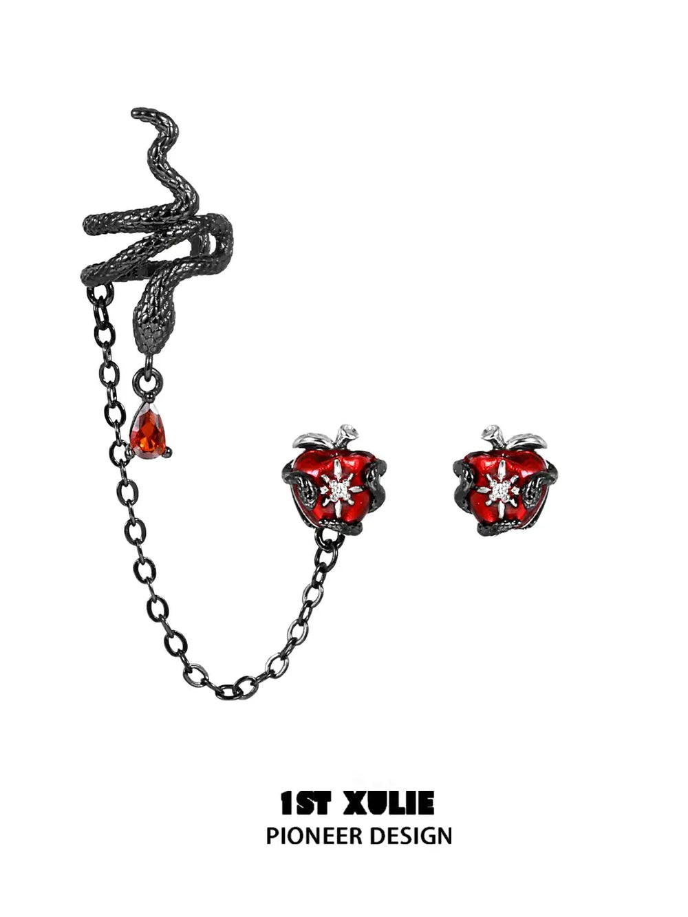 1ST XULIE "Forbidden Love" Viper's Apple Statement Chain Dangle Earrings in 18K Black Gold Plated - Angled Product View