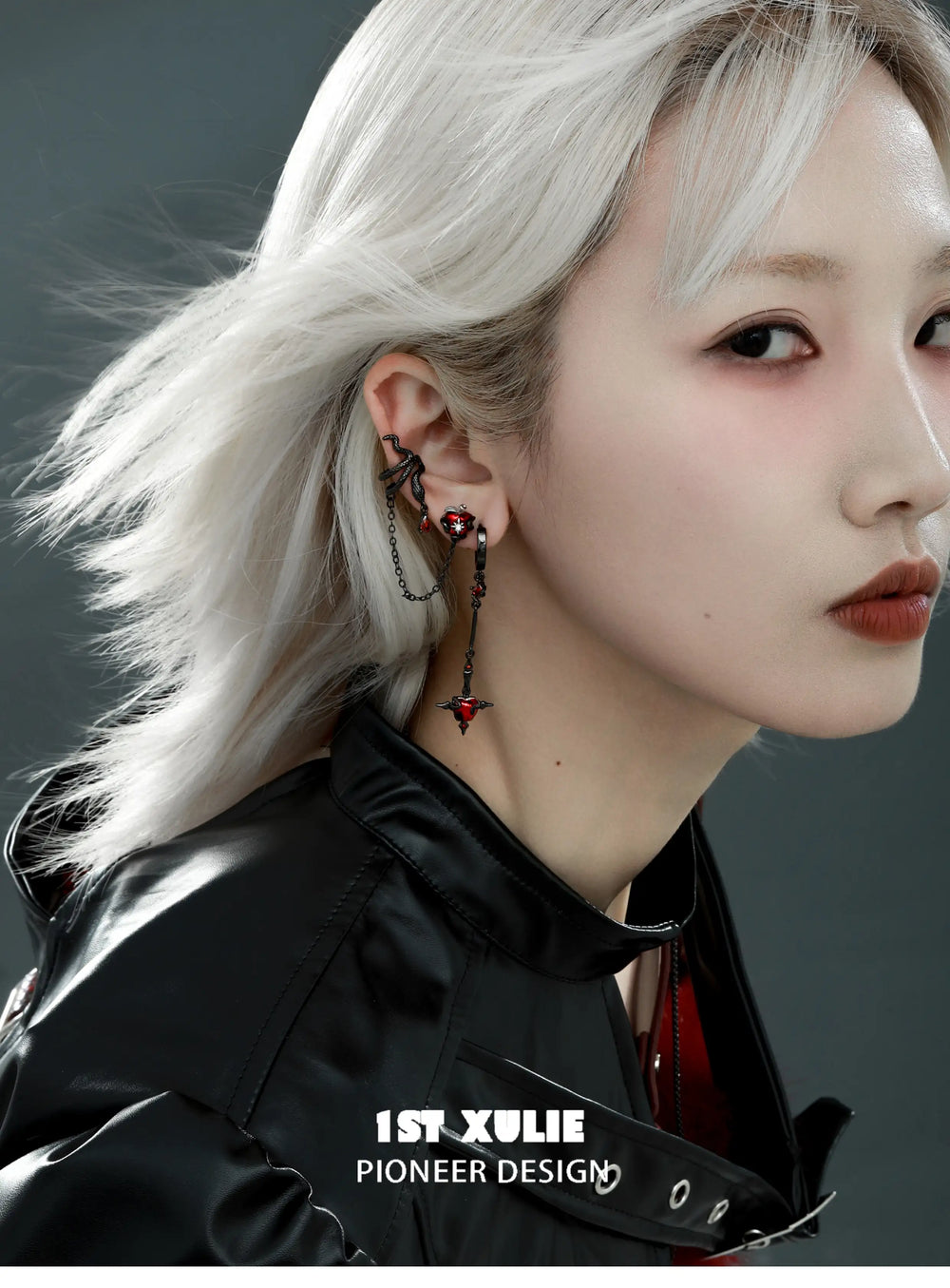 1ST XULIE "Forbidden Love" Viper's Apple Statement Chain Dangle Earrings in 18K Black Gold Plated - Back View