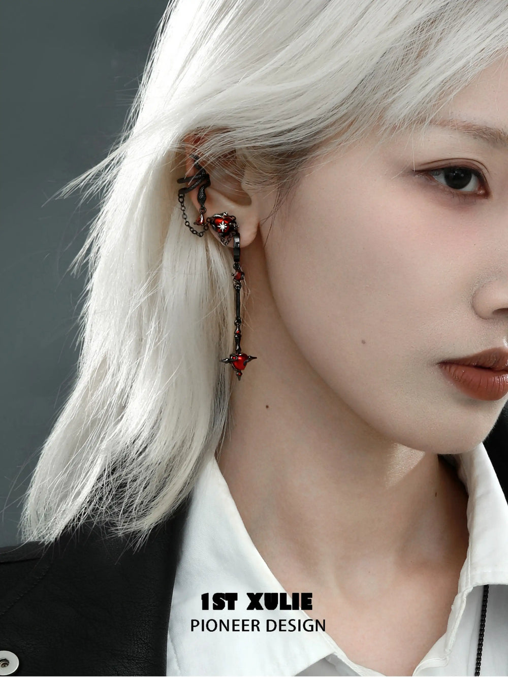 1ST XULIE "Forbidden Love" Viper's Apple Statement Chain Dangle Earrings in 18K Black Gold Plated - On Model Close-Up