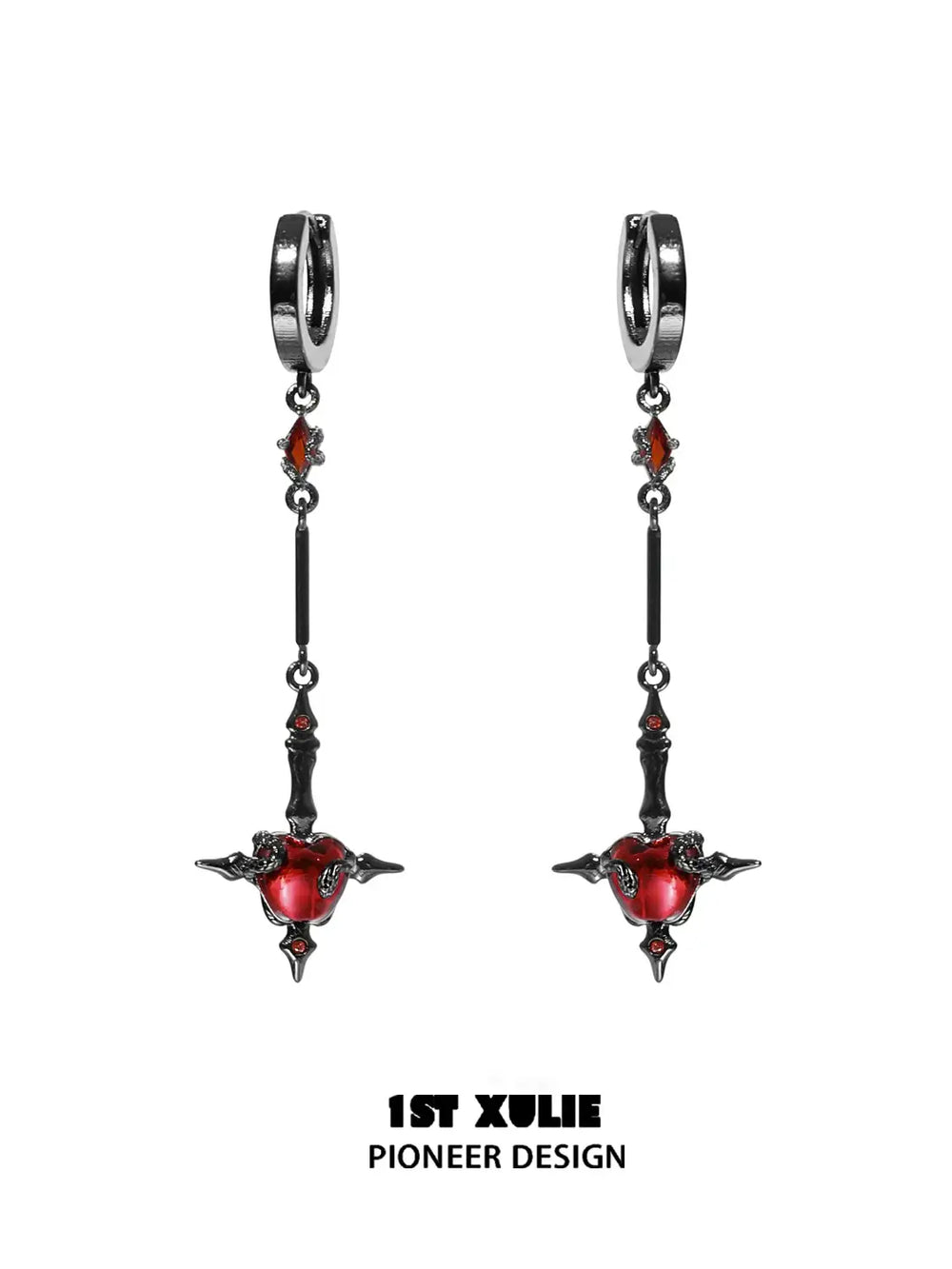 1ST XULIE "Forbidden Love" Viper's Apple Statement Chain Dangle Earrings in 18K Black Gold Plated - Side View