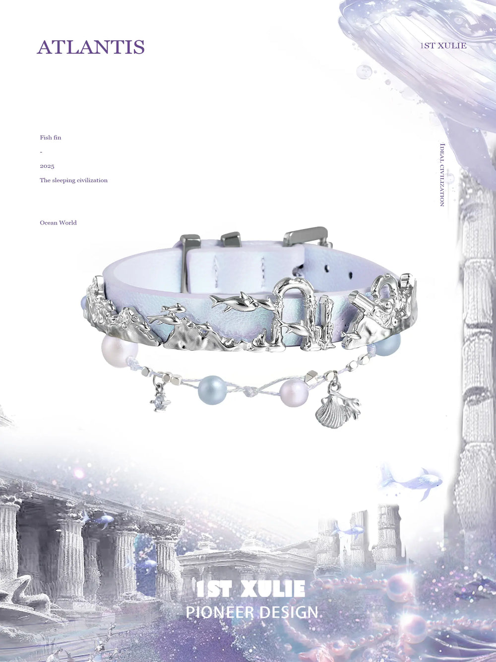 1ST XULIE "ATLANTIS" Whale & Pearl Layered Bracelet Set in Platinum Plated Brass - Product View