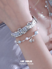 1ST XULIE "ATLANTIS" Whale & Pearl Layered Bracelet Set in Platinum Plated Brass - On Model