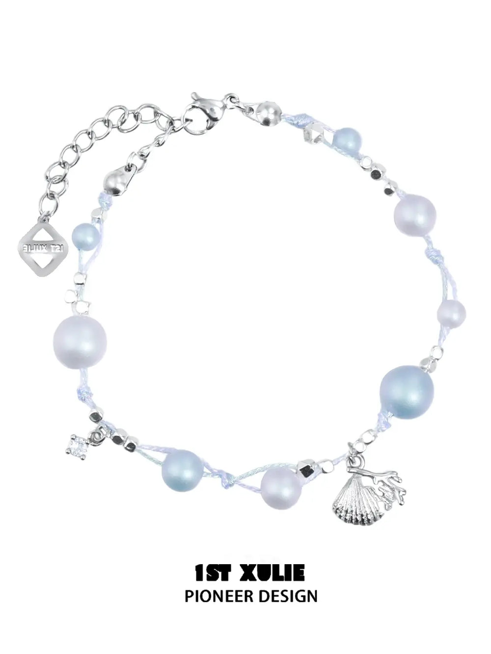 1ST XULIE "ATLANTIS" Whale & Pearl Layered Bracelet Set in Platinum Plated Brass - On Model Close Up