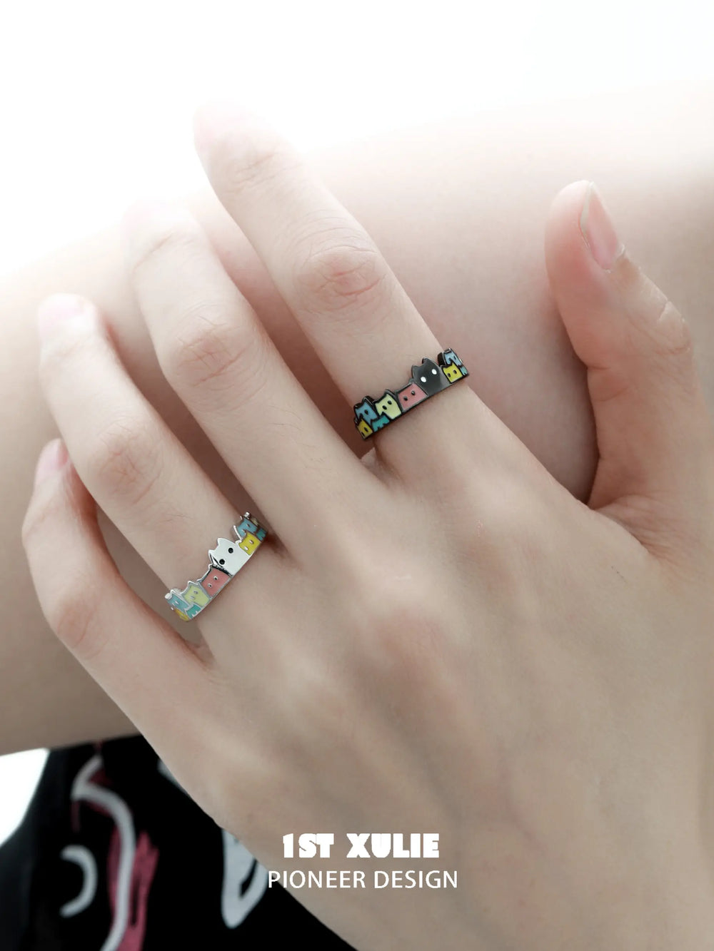 1ST XULIE "Ghosts" Whimsical Black Cat Open Ring in 925 Sterling Silver - Angle View