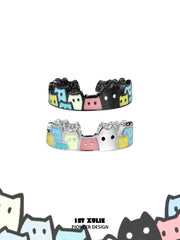 1ST XULIE "Ghosts" Whimsical Black Cat Open Ring in 925 Sterling Silver - Detail Shot