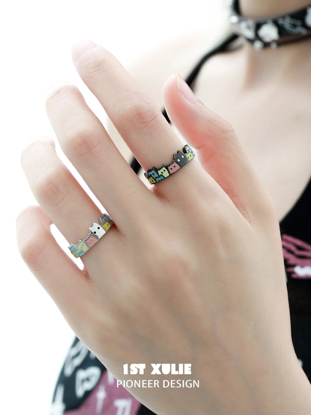 1ST XULIE "Ghosts" Whimsical Black Cat Open Ring in 925 Sterling Silver - Lifestyle Shot