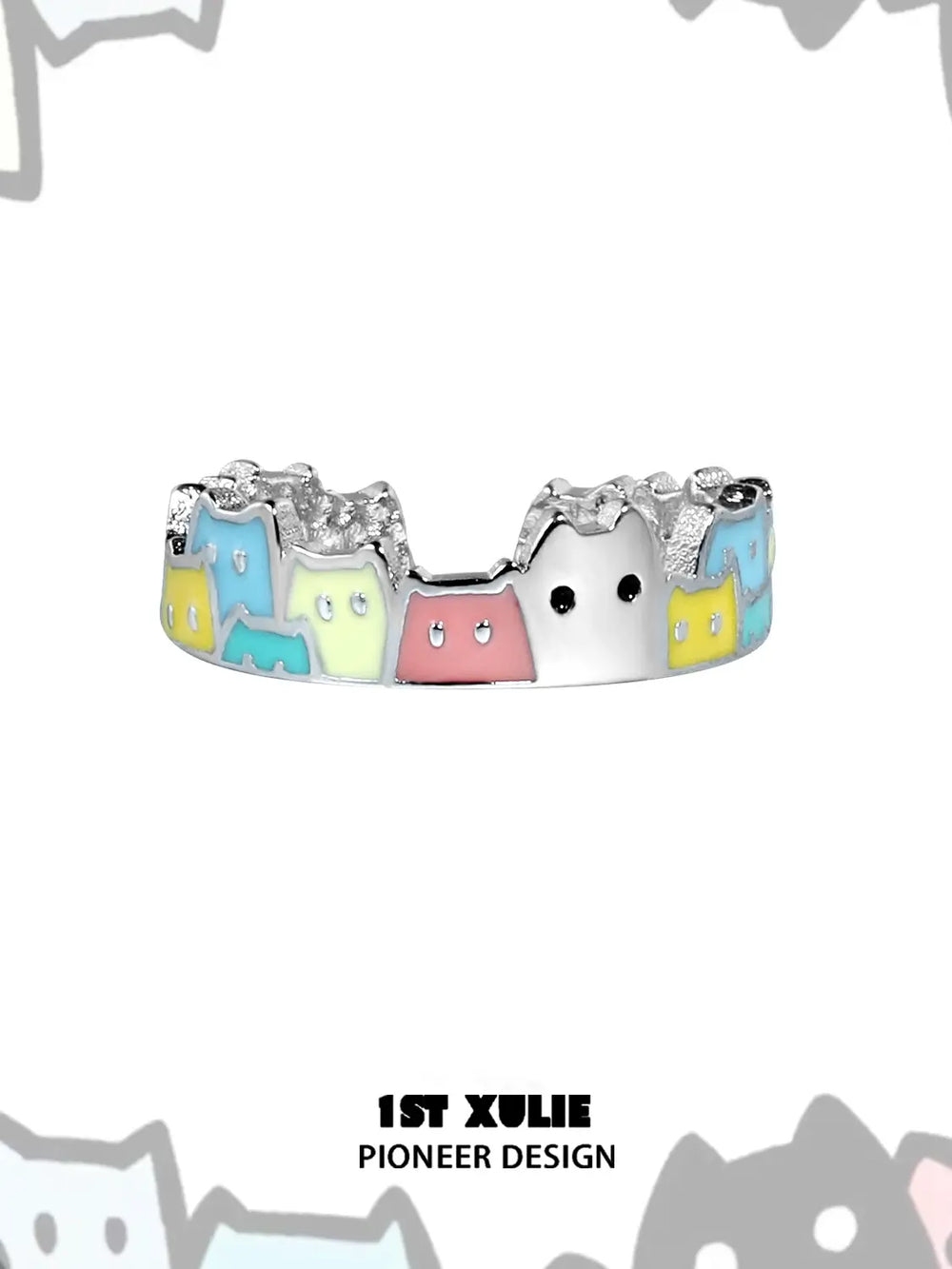 1ST XULIE "Ghosts" Whimsical Black Cat Open Ring in 925 Sterling Silver - Product View