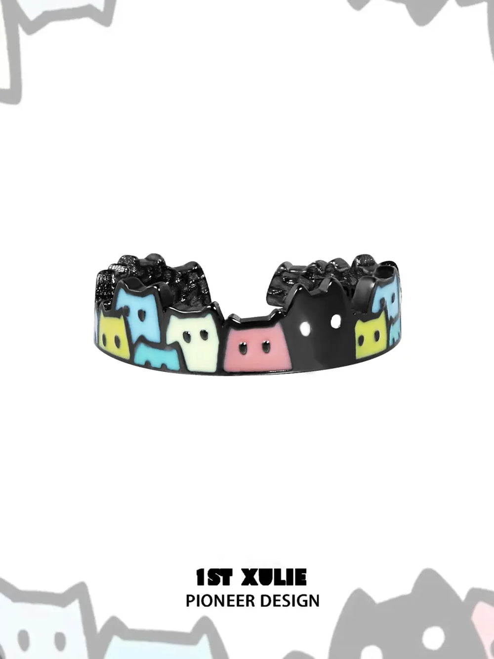 1ST XULIE "Ghosts" Whimsical Black Cat Open Ring in 925 Sterling Silver - On Model