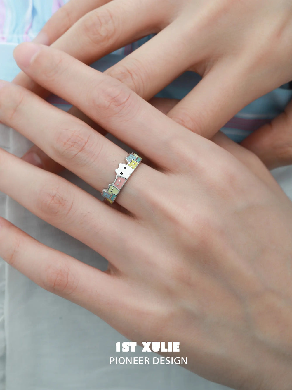 1ST XULIE "Ghosts" Whimsical Black Cat Open Ring in 925 Sterling Silver - On Model Close Up