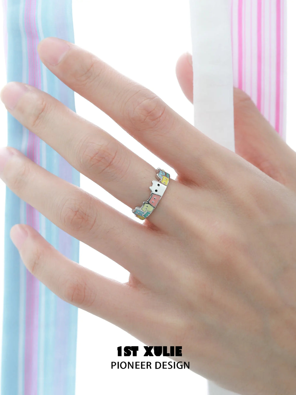 1ST XULIE "Ghosts" Whimsical Black Cat Open Ring in 925 Sterling Silver - Side View