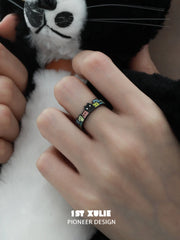 1ST XULIE "Ghosts" Whimsical Black Cat Open Ring in 925 Sterling Silver - Texture Detail