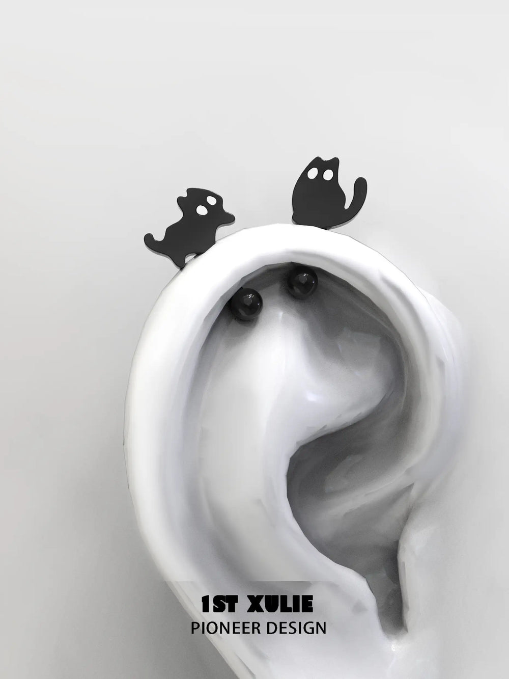 1ST XULIE "Ghosts Black Cat" Whimsical Black Cat Stud Earrings in 925 Sterling Silver - Detail Shot