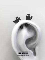 1ST XULIE "Ghosts Black Cat" Whimsical Black Cat Stud Earrings in 925 Sterling Silver - Detail Shot