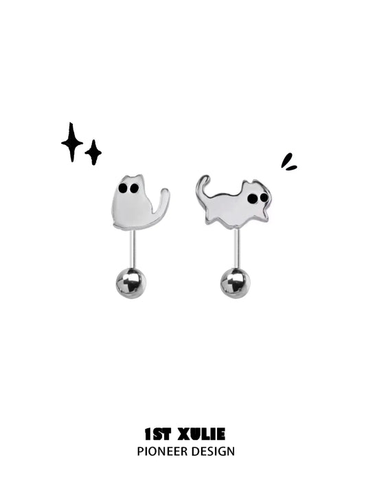 1ST XULIE "Ghosts Black Cat" Whimsical Black Cat Stud Earrings in 925 Sterling Silver - Lifestyle Shot