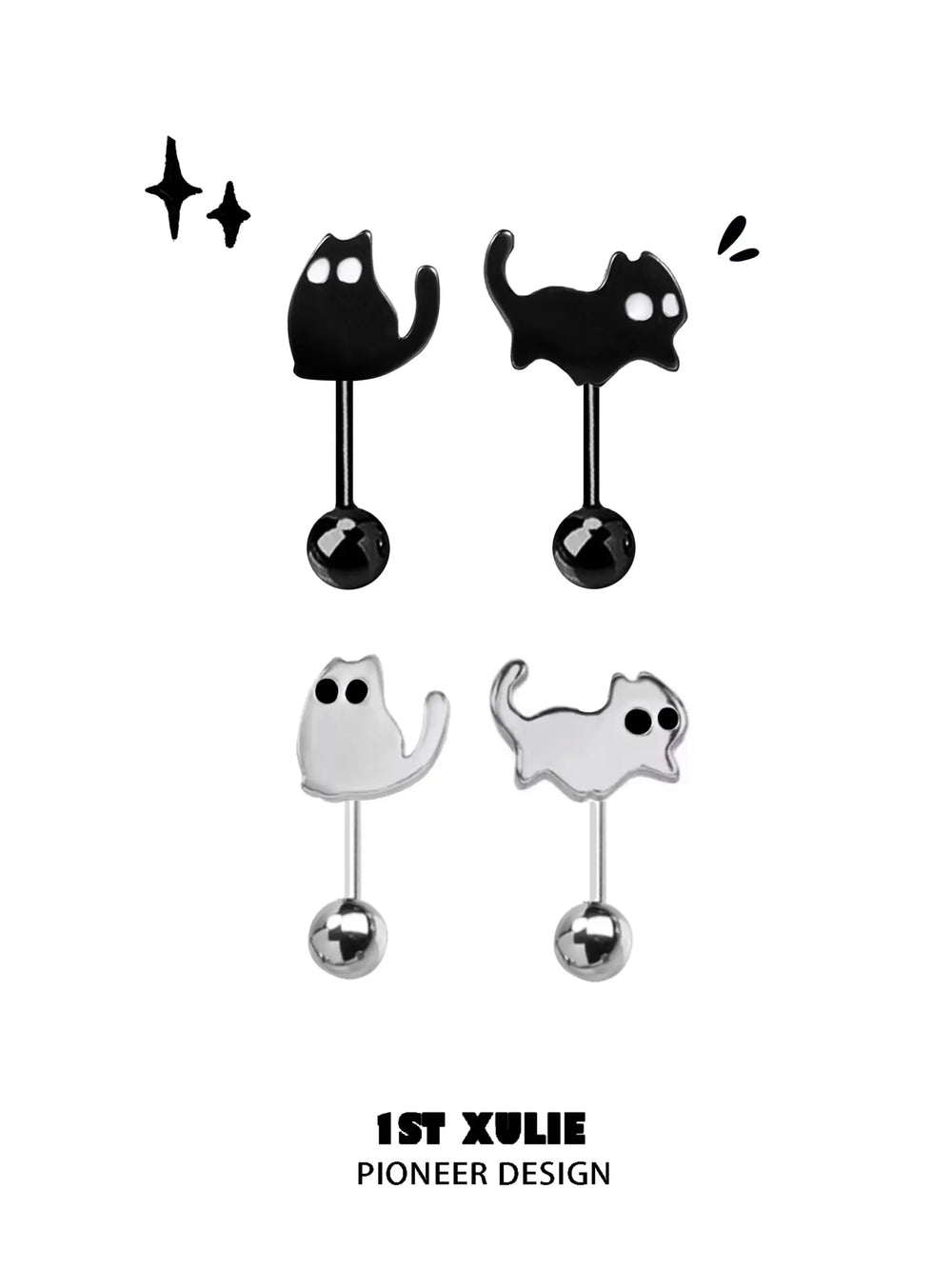 1ST XULIE "Ghosts Black Cat" Whimsical Black Cat Stud Earrings in 925 Sterling Silver - Main Product View