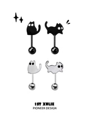 1ST XULIE "Ghosts Black Cat" Whimsical Black Cat Stud Earrings in 925 Sterling Silver - Main Product View