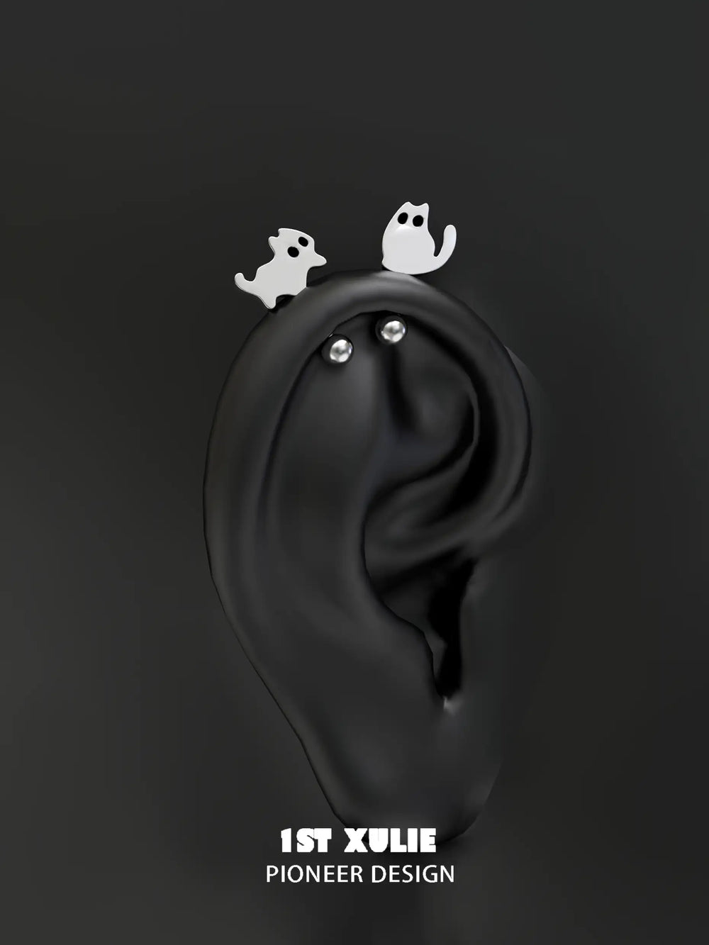 1ST XULIE "Ghosts Black Cat" Whimsical Black Cat Stud Earrings in 925 Sterling Silver - Close-up On Model