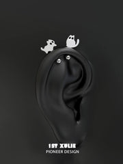 1ST XULIE "Ghosts Black Cat" Whimsical Black Cat Stud Earrings in 925 Sterling Silver - Close-up On Model