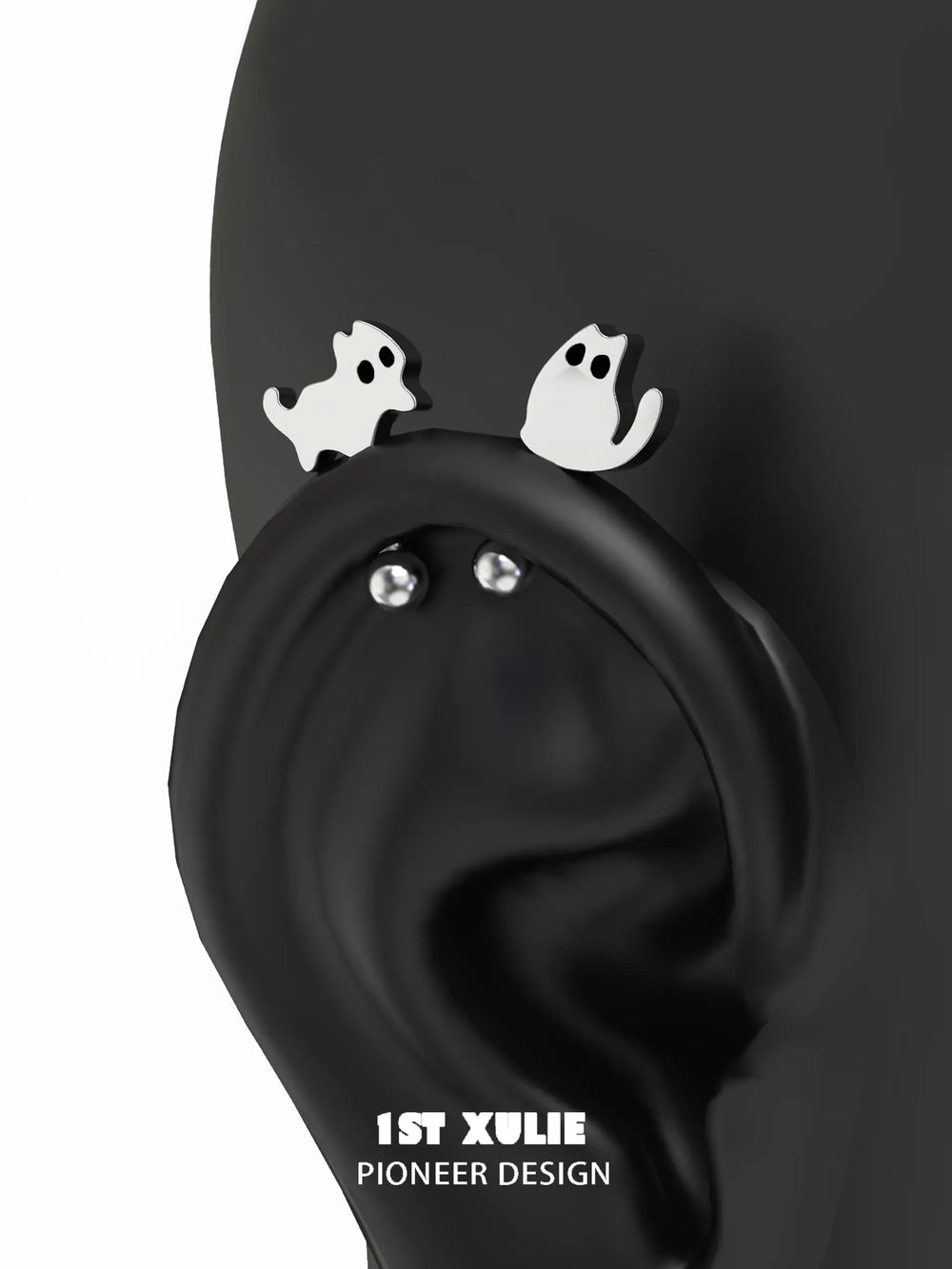1ST XULIE "Ghosts Black Cat" Whimsical Black Cat Stud Earrings in 925 Sterling Silver - Product View