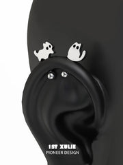 1ST XULIE "Ghosts Black Cat" Whimsical Black Cat Stud Earrings in 925 Sterling Silver - Product View