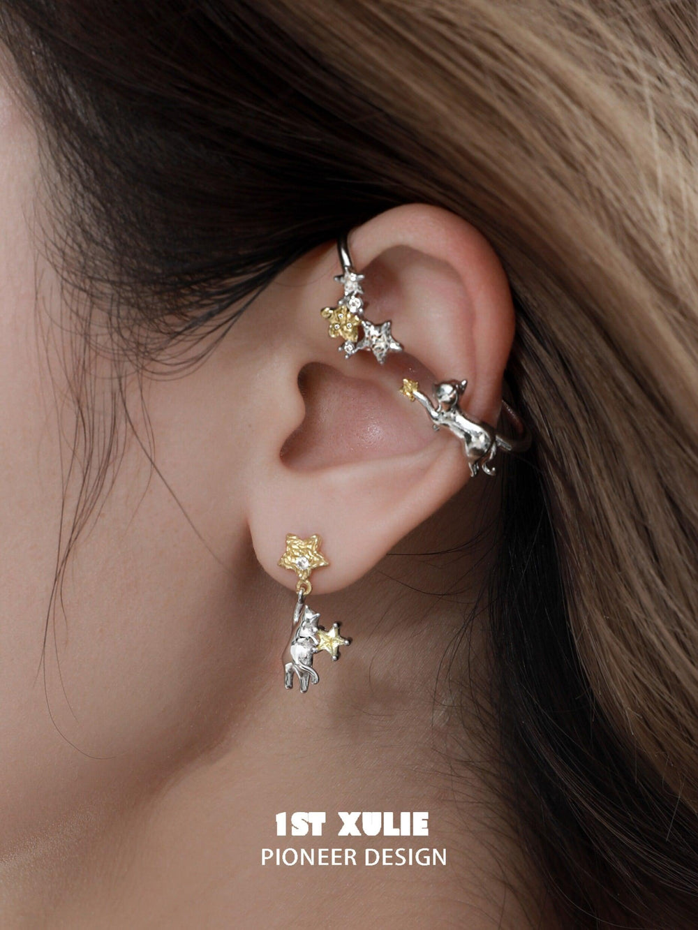 1ST XULIE "CAT'S GAZE" Whimsical Cat Head Drop Earrings in 925 Sterling Silver - Lifestyle Shot