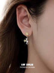 1ST XULIE "CAT'S GAZE" Whimsical Cat Head Drop Earrings in 925 Sterling Silver - Product View