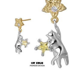 1ST XULIE "CAT'S GAZE" Whimsical Cat Head Drop Earrings in 925 Sterling Silver - On Model