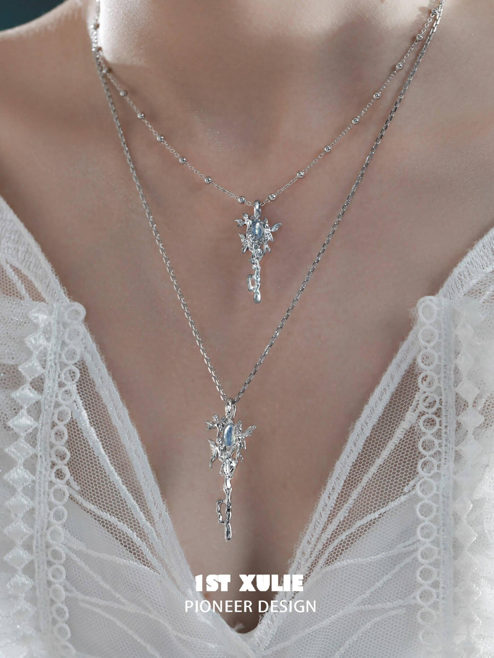 1ST XULIE "Blue Sky" Whimsical Genie Key Opal Necklace in 925 Sterling Silver - Product View
