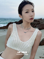 1ST XULIE "The Sea" Whimsical Goldfish Statement Pendant Necklace in Platinum Plated Titanium - Angled View